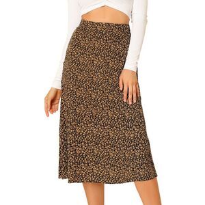 Women's Floral Midi Skirt Peasant A-Line Ditsy Leave Print Black Yellow